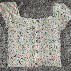 Floral white button up off the shoulder crop top